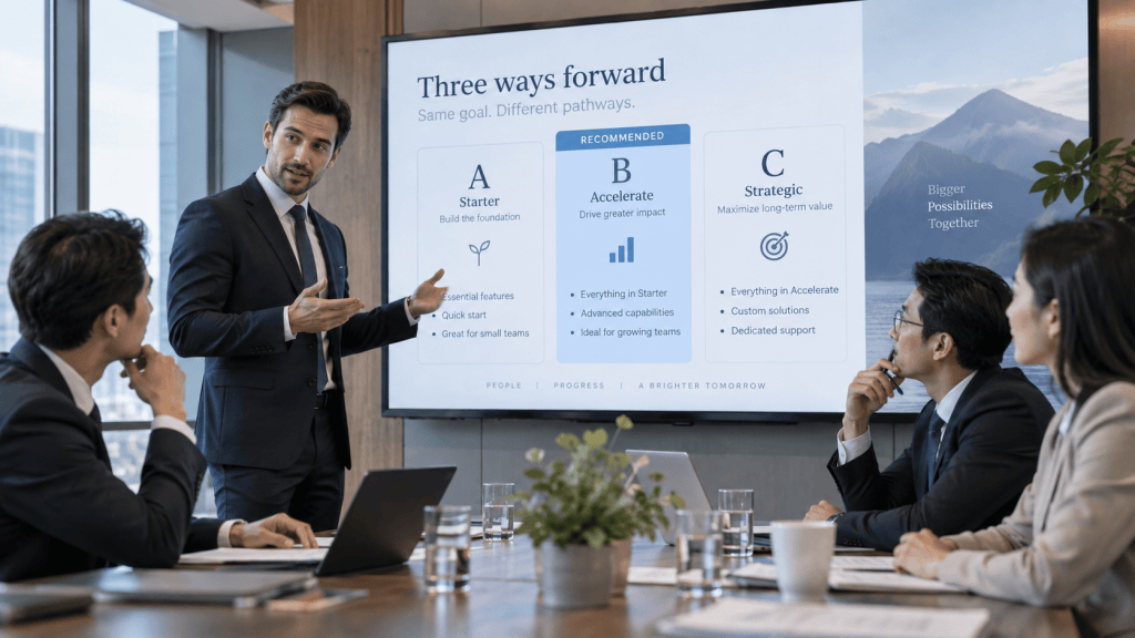 A business presentation in a modern conference room, featuring a speaker addressing an audience. The screen displays options labeled 'Starter', 'Accelerate', and 'Strategic', highlighting different pathways for achieving goals.