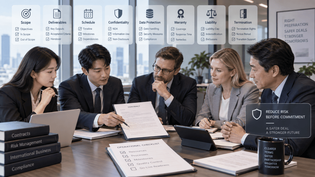 A diverse group of five business professionals engaged in a meeting, discussing legal documents and contracts on a table, with a city skyline visible in the background.