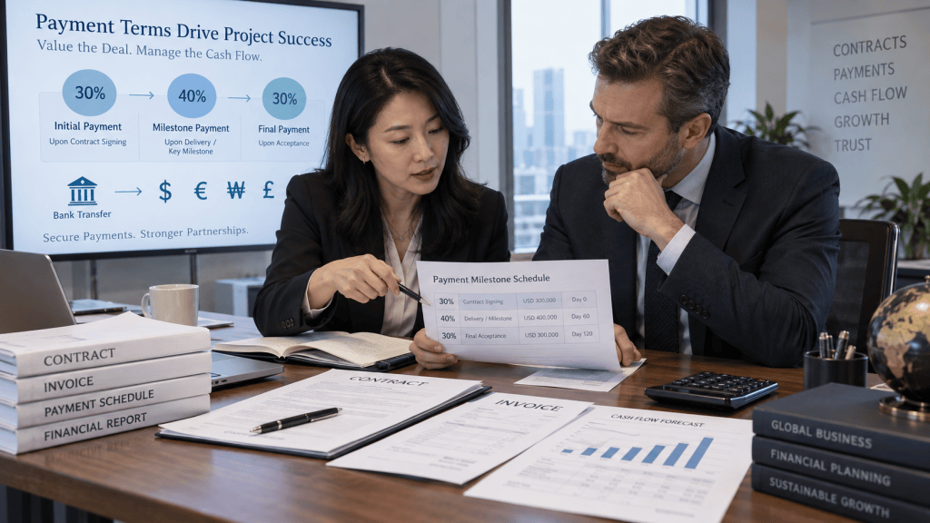 A business meeting between a man and a woman discussing payment terms, with documents and charts visible on a table. A screen in the background displays project success metrics.