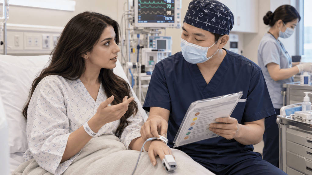 A healthcare professional in scrubs discussing medical information with a patient in a hospital bed. The patient is wearing a hospital gown and appears to be engaged in the conversation. Another staff member is seen in the background attending to medical equipment.