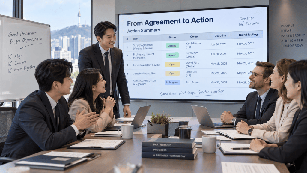 A business meeting with a diverse group of professionals discussing an action summary on a presentation screen, featuring listed tasks, owners, deadlines, and statuses, with a whiteboard displaying motivational phrases.