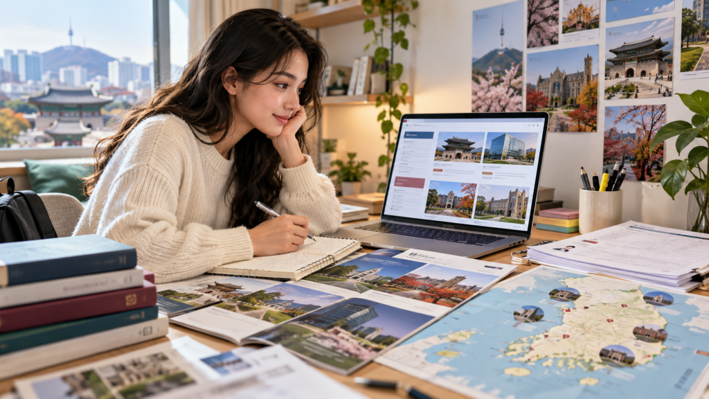A young woman sitting at a desk, studying and taking notes while looking at a laptop. Various study materials, including books and maps, are spread across the desk, with a view of a cityscape and a traditional building in the background.
