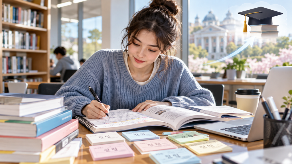 A student studying in a library with books and notes spread out on the table, writing in a notebook while looking focused. In the background are bookshelves and a view of a building outside.