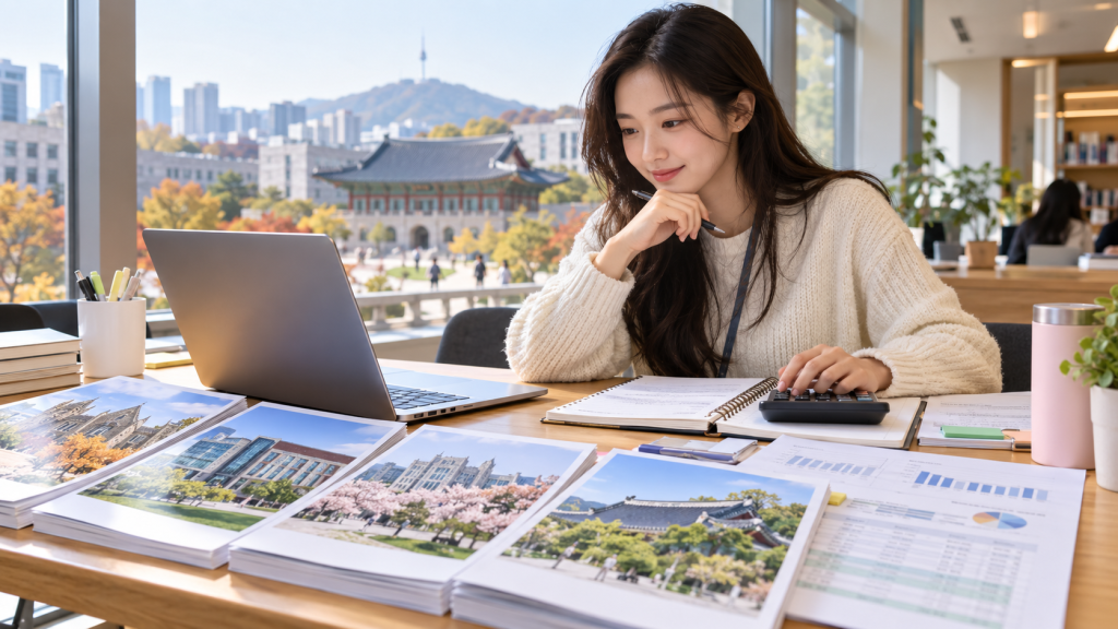 A young woman studying at a table with a laptop, surrounded by documents and photos, with a view of a city and mountains in the background.