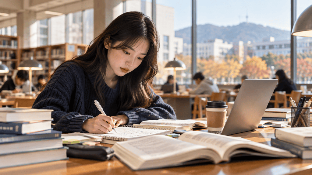 A young woman studying intently at a library table, surrounded by books and a laptop, with sunlight streaming in through the windows.