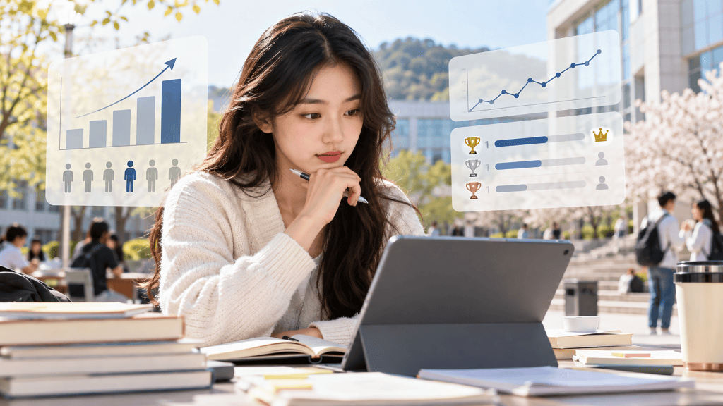 A young woman studying at a table outdoors, with charts and statistics displayed above her, indicating growth and competition, surrounded by books and people in a university setting.