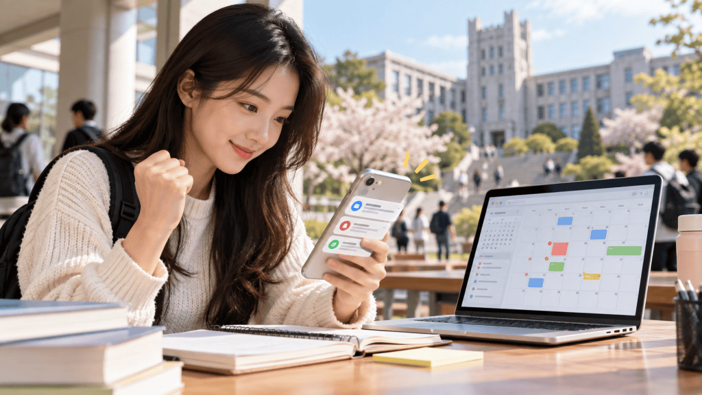 A student reacting happily while looking at their smartphone, with a laptop displaying a calendar in front of them. They are seated at a table outdoors on a university campus with cherry blossom trees in the background.