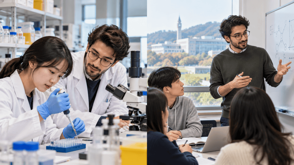 A scientist in a lab coat carefully pipetting liquid into a microcentrifuge tube, while a male colleague observes. On the right, a male instructor presenting to a group of students in a classroom setting, with a whiteboard and a city view in the background.