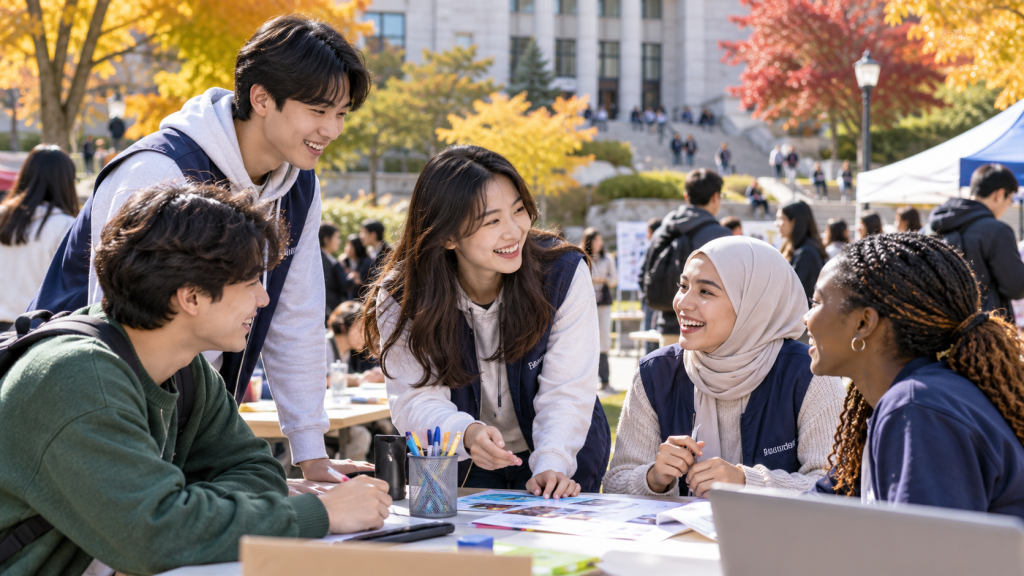 Group of diverse students collaborating at an outdoor event, discussing ideas with papers and pens on the table, surrounded by autumn foliage.