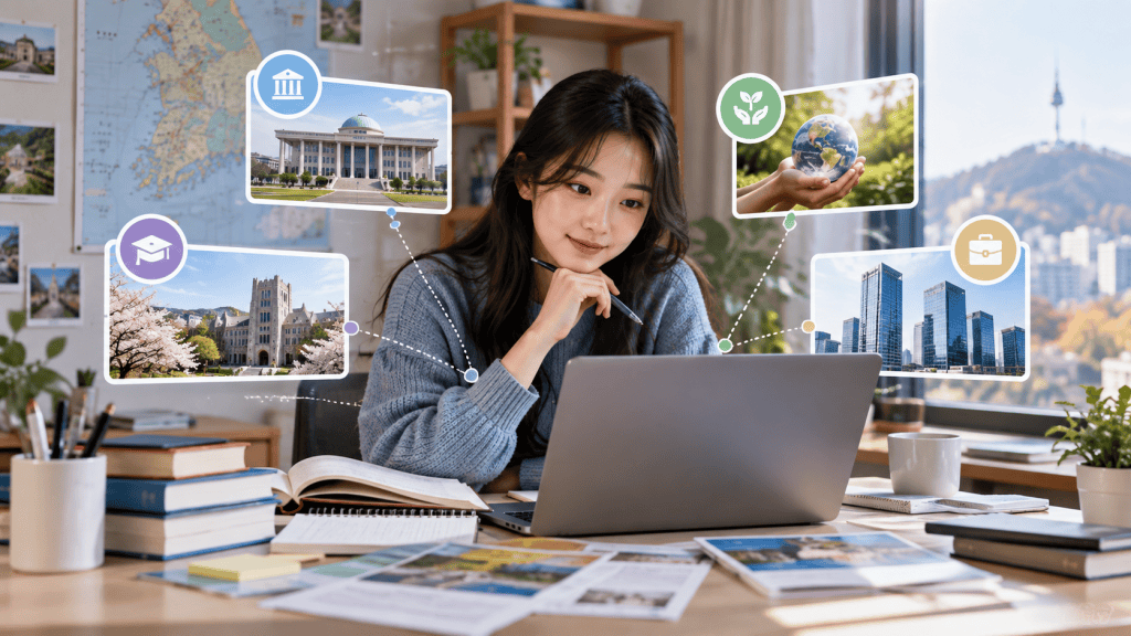 A young woman sitting at a desk, looking thoughtfully at a laptop, surrounded by books and documents, with images representing education, environment, and business appearing above her.