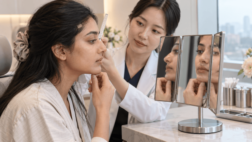 A woman sitting in front of a mirror while a medical professional examines her face with a measuring tool in a modern clinic setting.