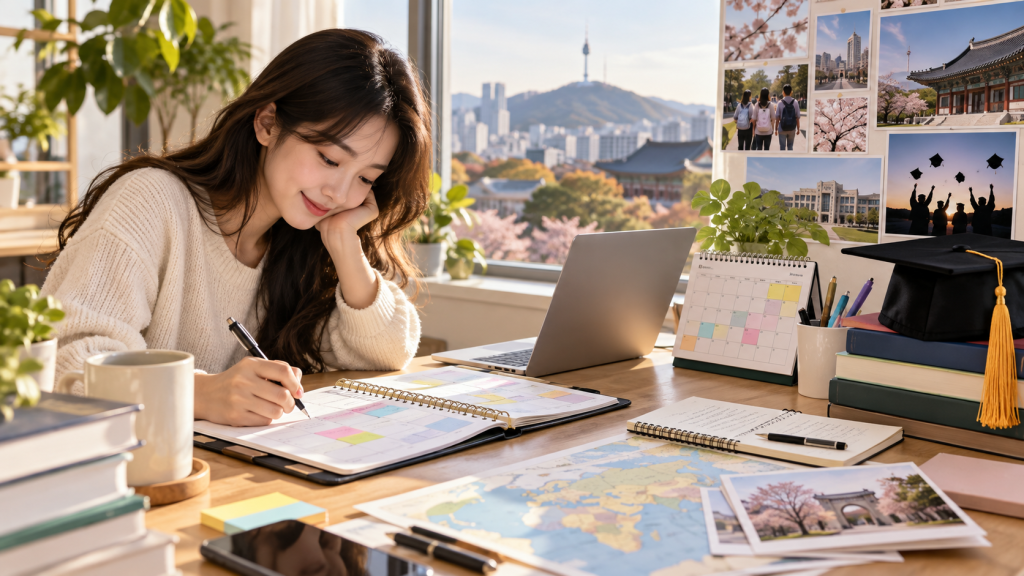 A woman studying at a wooden desk with a laptop, planning materials, and a coffee mug, overlooking a cityscape with mountains in the background.