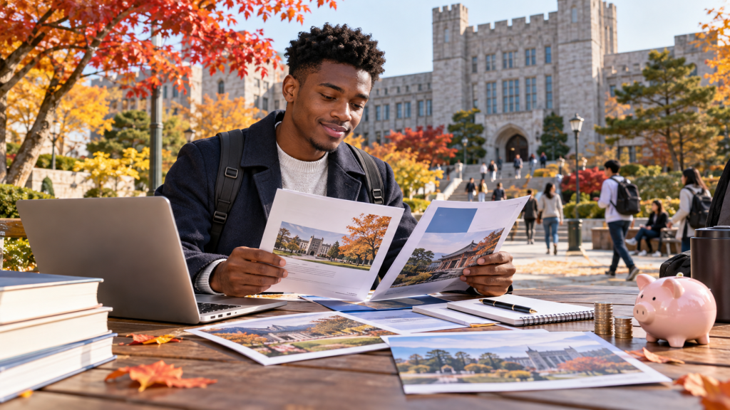 A young man sitting at an outdoor table with a laptop, reviewing printed photographs of university buildings in a park with autumn foliage.