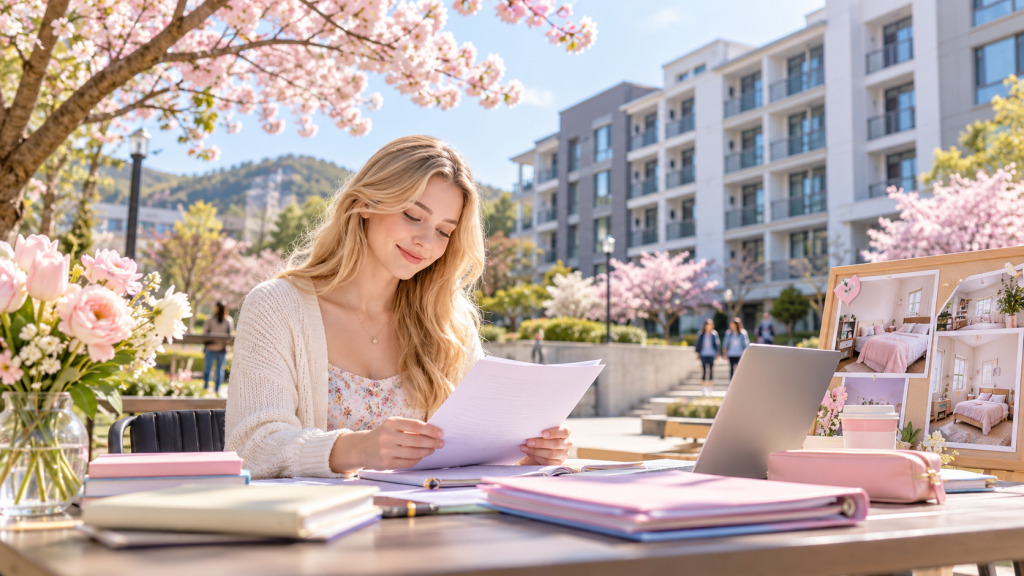 A young woman sitting at an outdoor table with a laptop, reviewing documents, surrounded by pastel-colored stationery and a vase of pink flowers, beneath blooming cherry trees.