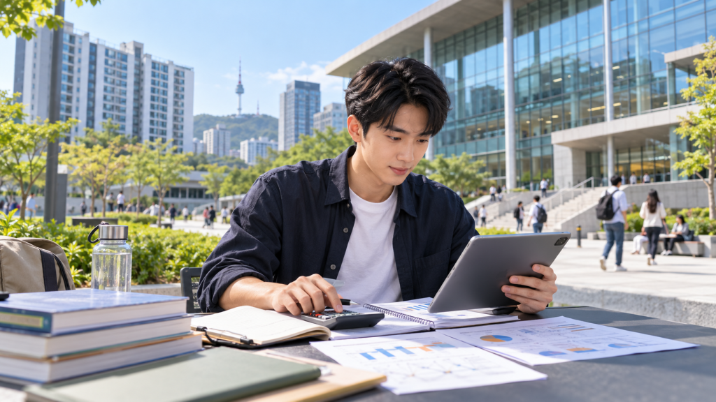 A young man studying outdoors at a table with a tablet, notebooks, and charts, with modern buildings and trees in the background.