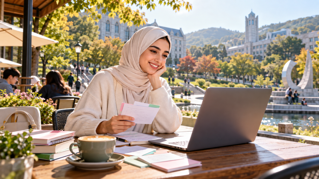 A young woman wearing a hijab smiles while working on a laptop at an outdoor café surrounded by greenery, with notebooks and a cup of coffee on the table.