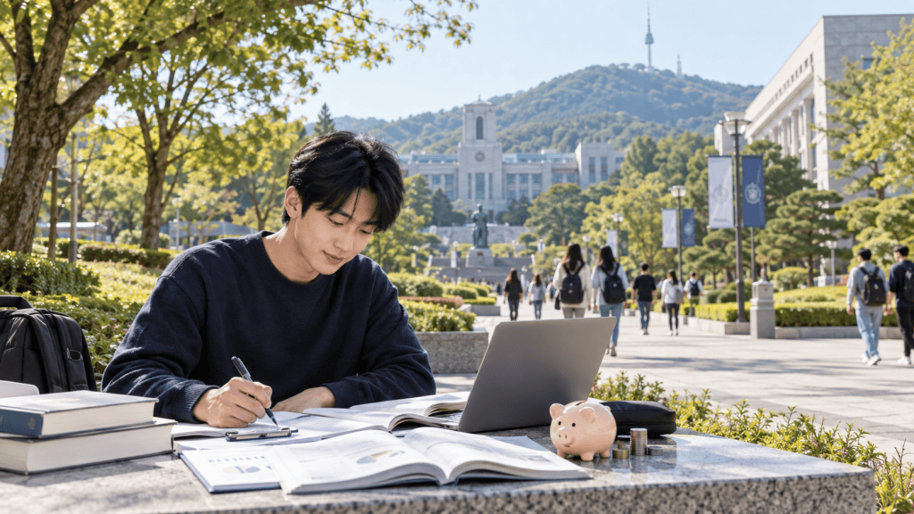 A young man studying outdoors at a university campus, surrounded by trees and students walking by. He is writing notes with a laptop and books on the table, featuring a piggy bank and coins.