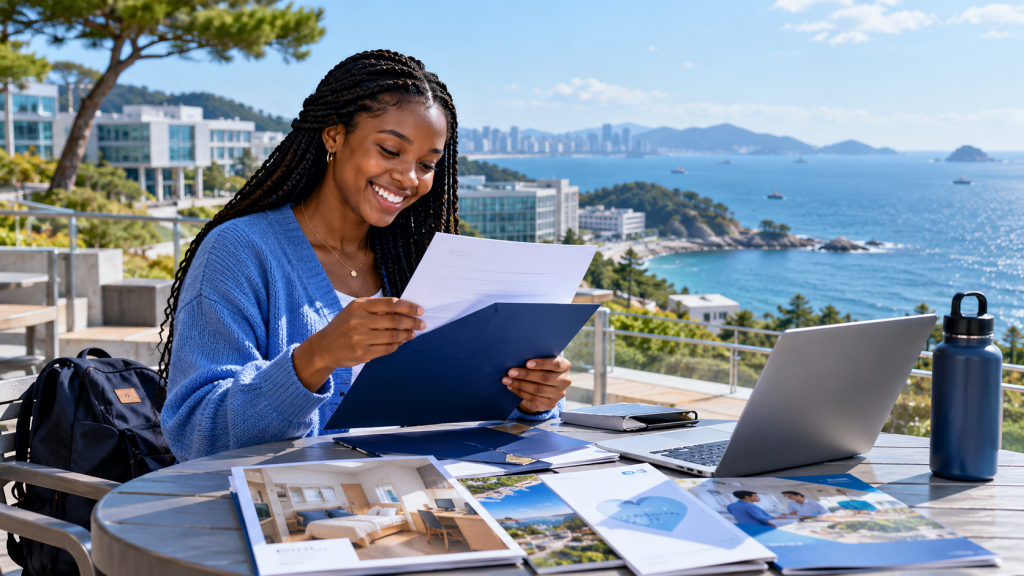 A woman sitting at a table outdoors, smiling while reviewing documents, with a laptop and brochures on the table, overlooking a scenic coastal view.