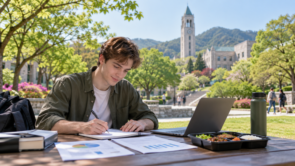 A student studying outdoors at a table with a laptop, notebooks, and a lunch box, with a university building and mountains in the background.