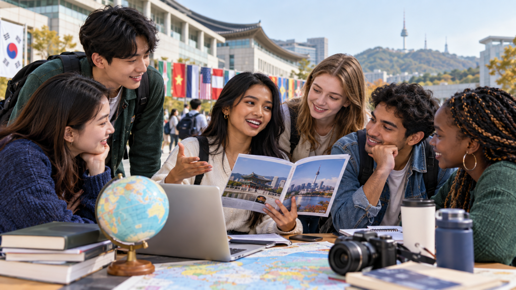 A diverse group of six young adults gathered around a table, discussing travel plans while looking at a brochure, with a globe, laptop, and camera visible in the foreground, and flags in the background.