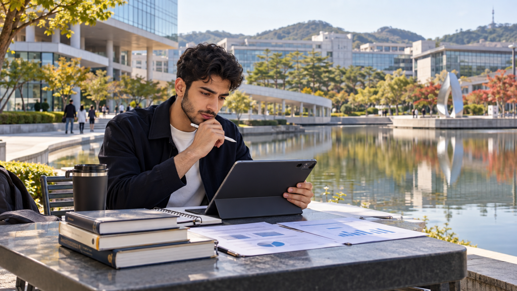 A young man studying outdoors at a table by a pond, using a tablet and writing notes, surrounded by notebooks and documents with charts, with modern buildings and autumn trees in the background.