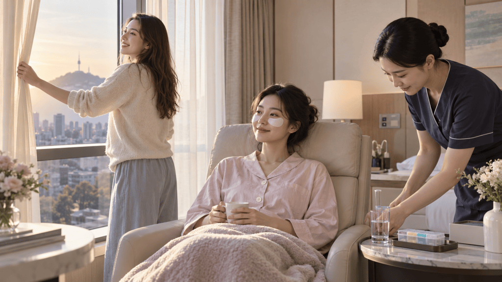 A woman in a cream sweater pulls back curtains to reveal a city view, while another woman in a pink pajama set relaxes in an armchair with a face mask, and a third woman in a dark uniform prepares skincare products on a nearby table.