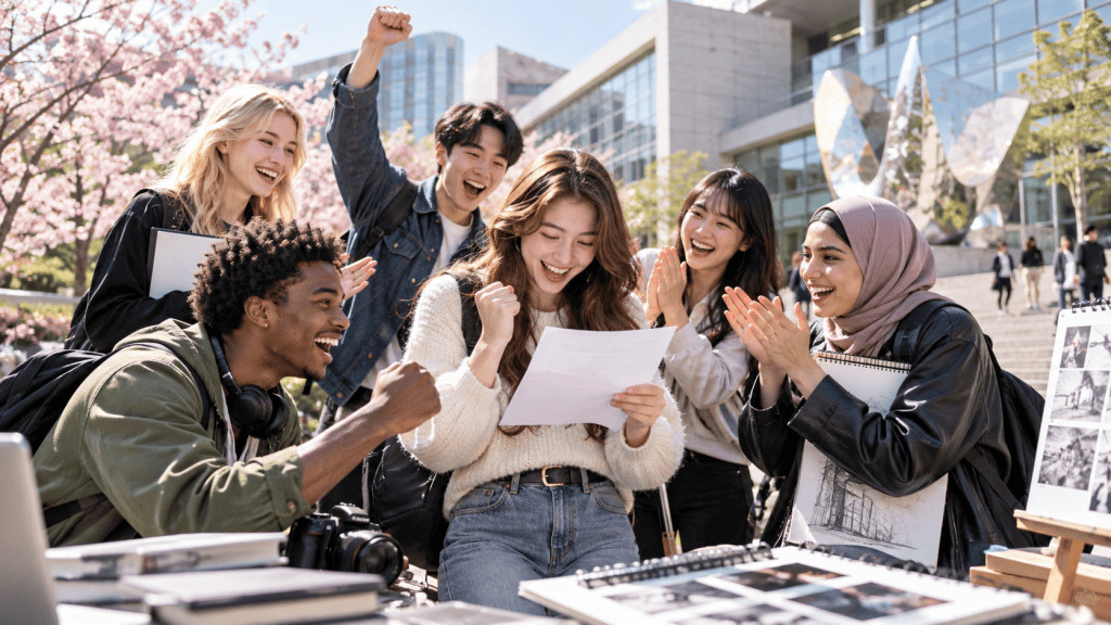 A group of diverse young adults cheer and celebrate together outdoors, with cherry blossom trees in the background. One person in the center is reading a document with a joyful expression, while others show excitement and support.