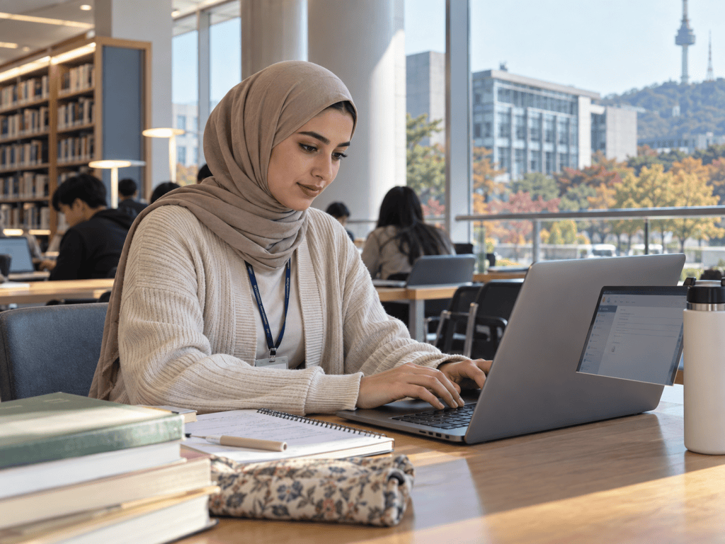A young woman wearing a hijab works intently on a laptop at a library table, surrounded by books and a notebook, with a view of trees and a tower outside.