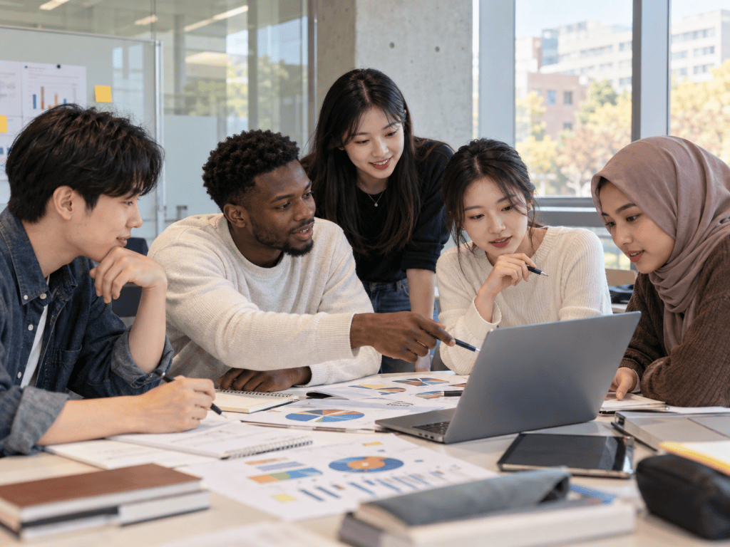 A diverse group of five people engaged in a collaborative discussion around a laptop, analyzing charts and data on papers spread across a table in a bright, modern workspace.