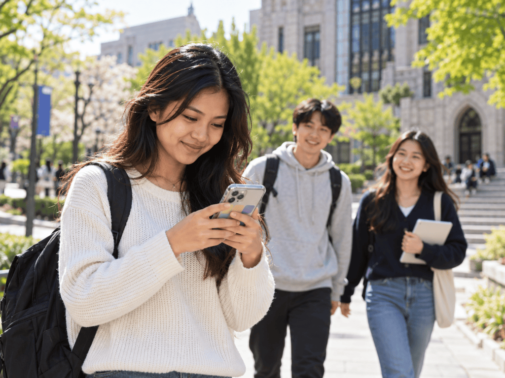 A young woman in a white sweater checks her phone while two peers walk behind her on a sunny campus path, surrounded by trees and blooming flowers.