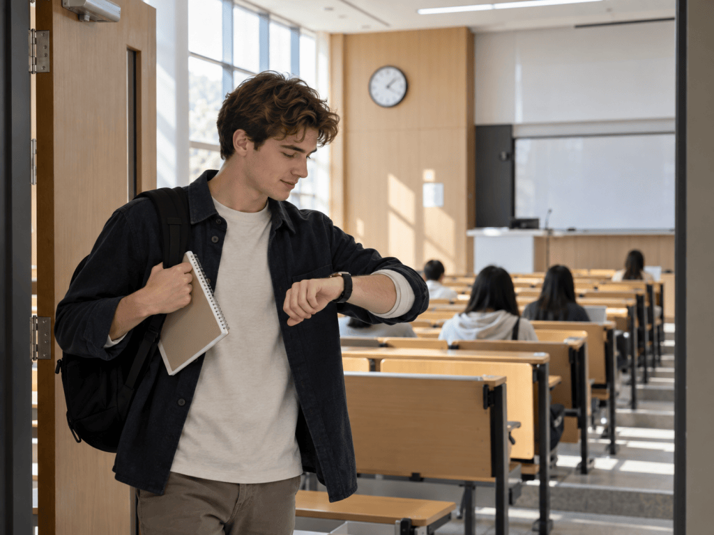 A student looking at their watch while entering a classroom with empty desks and a whiteboard in the background.