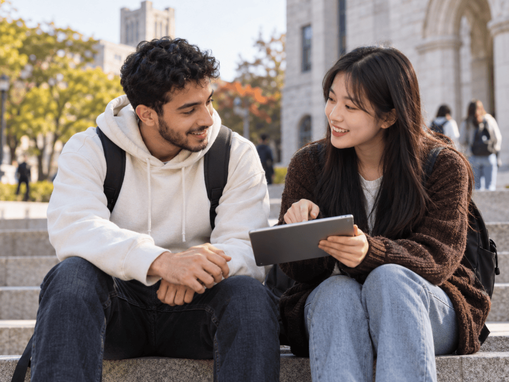 Two diverse young adults sitting on steps outdoors, one holding a tablet and smiling while showing something to the other, who is also smiling. Background features trees and buildings.
