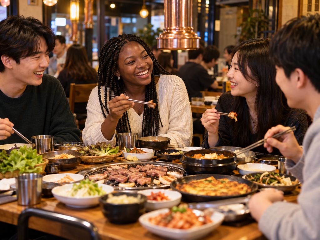 A group of four friends enjoying a meal together at a Korean restaurant, smiling and laughing with various dishes spread out on the table.
