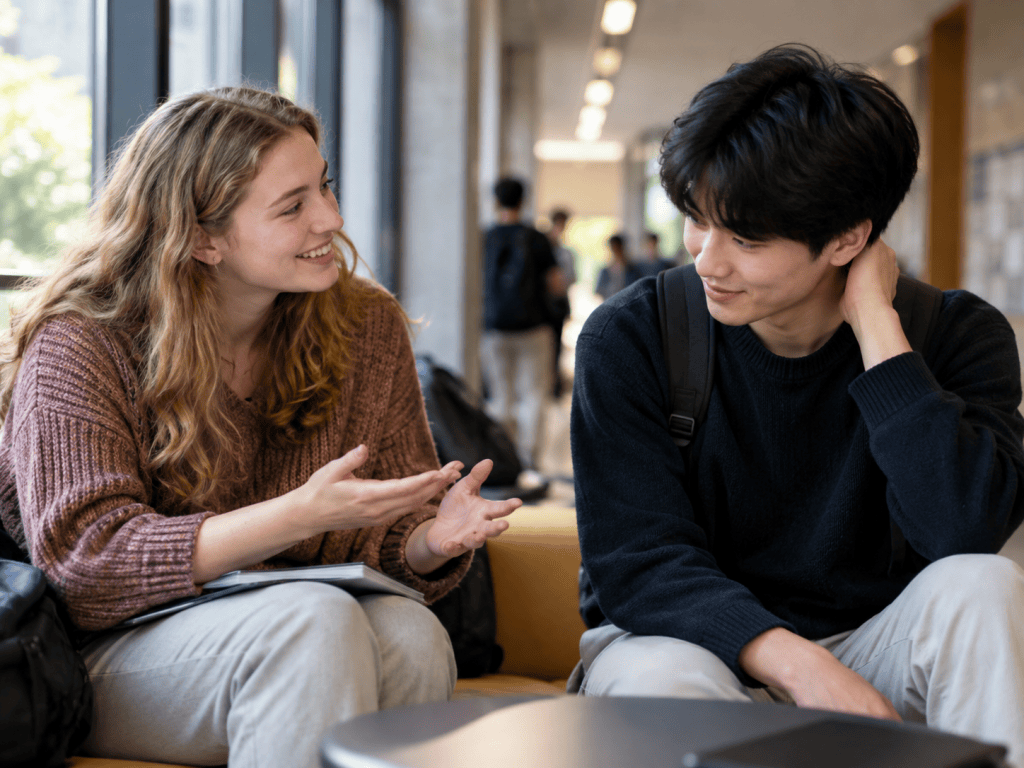 Two young adults engaged in a lively conversation while seated in a modern space, one gesturing expressively and the other listening attentively.