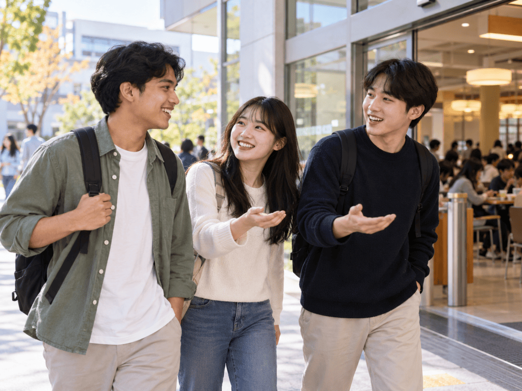 Three young adults walking together and laughing outside a cafe on a university campus.