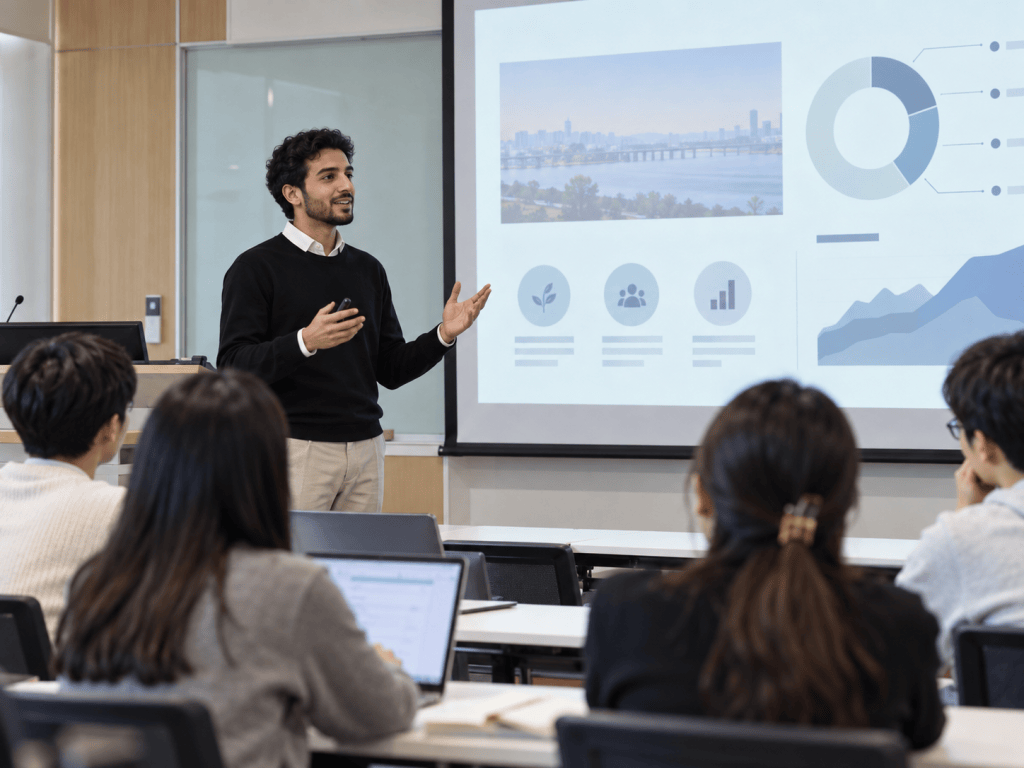 A presenter speaking in front of a projector screen displaying graphs and a cityscape image, with an audience of seated students in a classroom setting.
