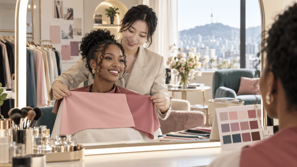 A hairstylist draping a client with a colorful cape in a stylish salon with a city view in the background.