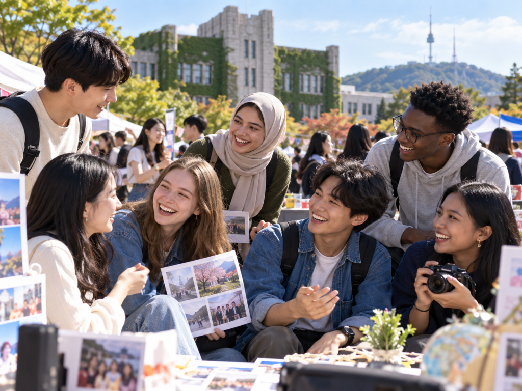 A diverse group of six young adults smiling and laughing while looking at photographs at an outdoor event, with a university building and hills in the background.