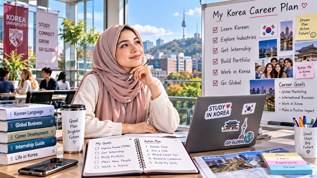 A young woman wearing a hijab sits at a desk with a laptop, planning her career in Korea. She appears thoughtful, surrounded by books on Korean language and business, a coffee cup, and a detailed action plan for her goals. In the background, large windows offer a view of a cityscape featuring a notable tower.