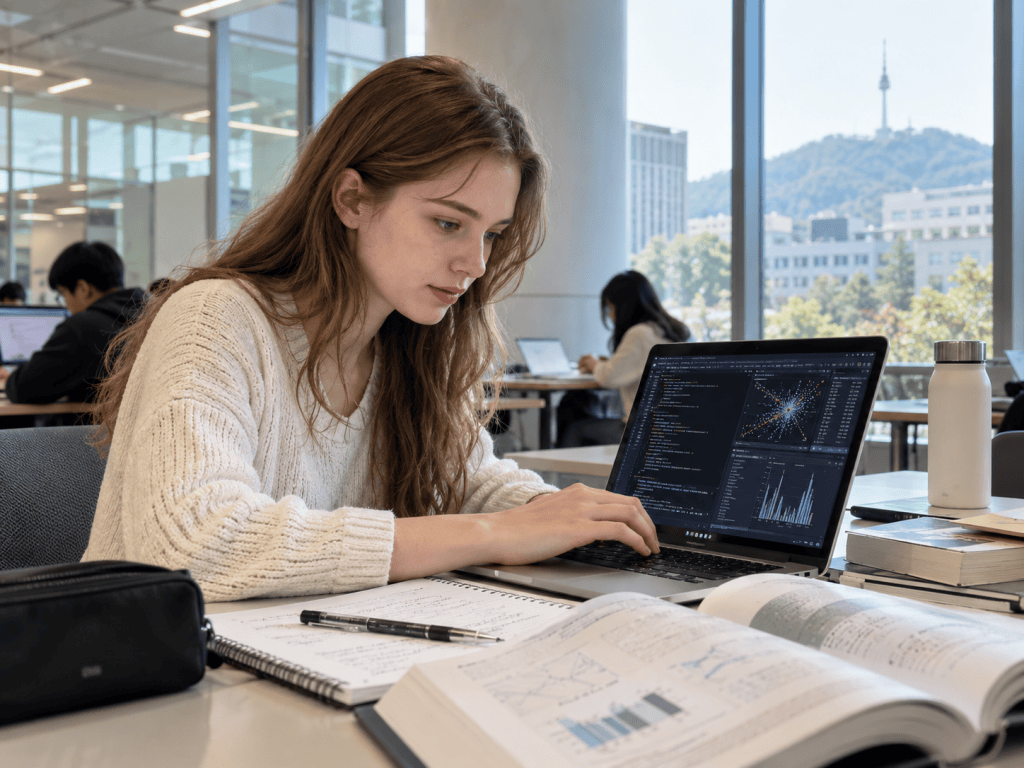 A student working on a laptop in a library, focused on data analysis, with books and notes on the table.