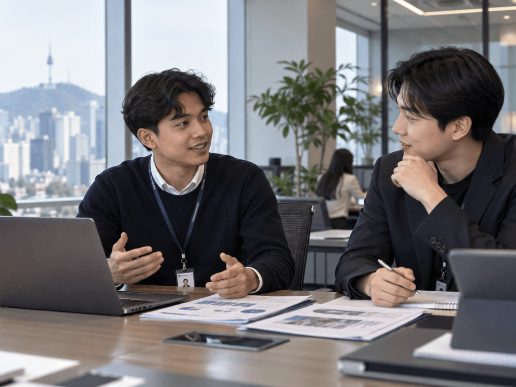 Two young men engaged in a discussion at a modern office table, with a laptop and documents in front of them, and a city skyline visible through the window.