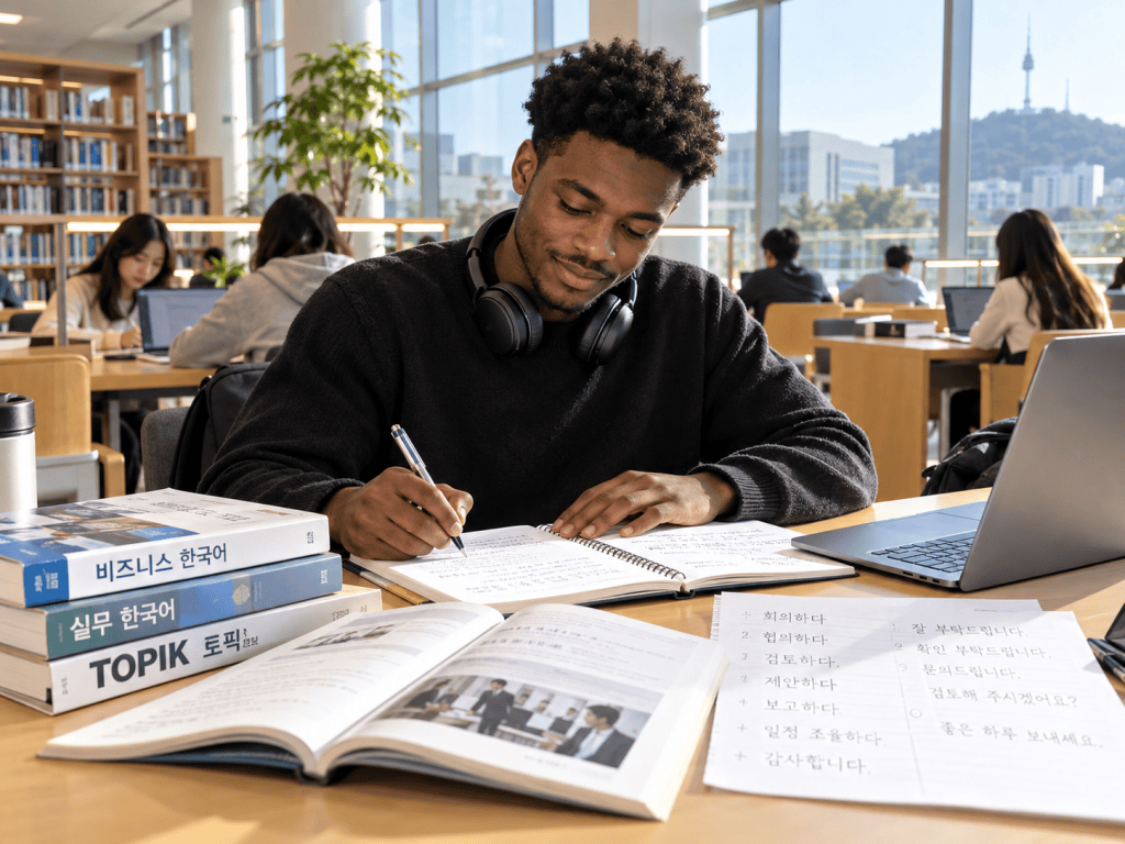 A student studying in a library with books and a laptop, taking notes and writing in a notebook. Several Korean language textbooks are visible on the table, along with printed notes.