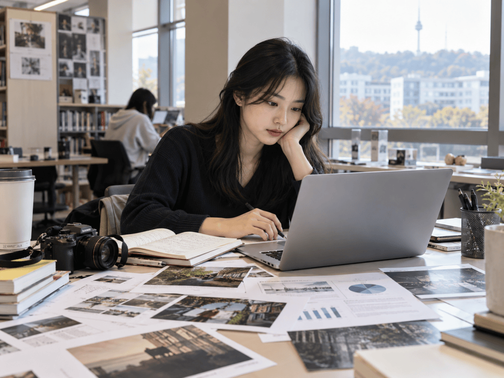 A woman sitting at a table in a library, focused on her laptop, surrounded by notes, photographs, and a camera. Natural light is coming through large windows in the background.