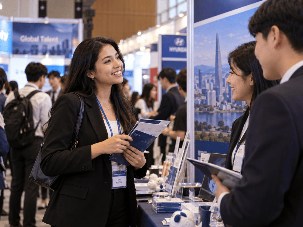 A woman in business attire engages in conversation at a career fair, smiling while holding brochures. Two individuals in suits listen attentively, with a background featuring an urban skyline.