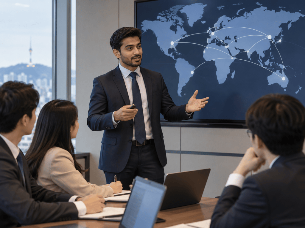 A business professional presenting a global map with connections in a modern office setting, while colleagues listen attentively.