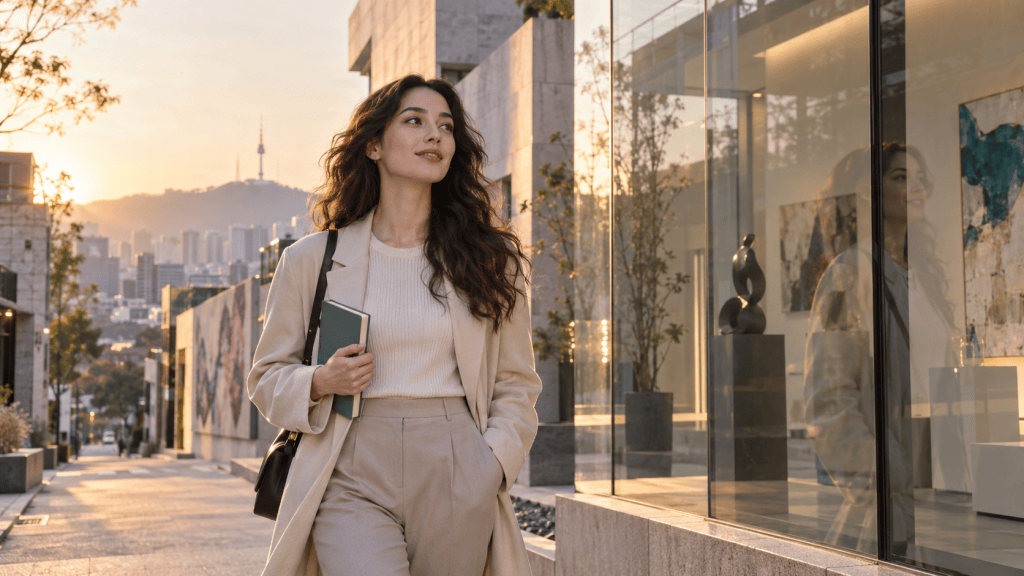 A smiling young woman walks down a modern urban street, dressed in a light coat and stylish pants, holding a tablet, with a city skyline and sunset in the background.
