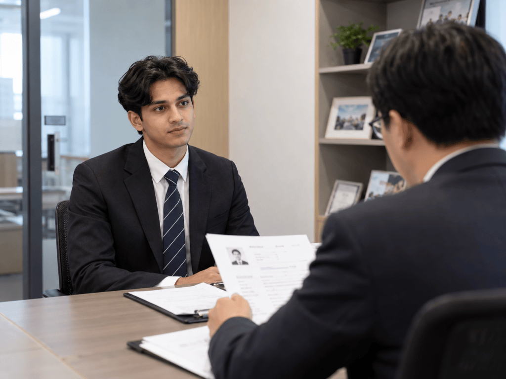A job interview scene showing a young man in a suit attentively listening to an interviewer while holding a resume.