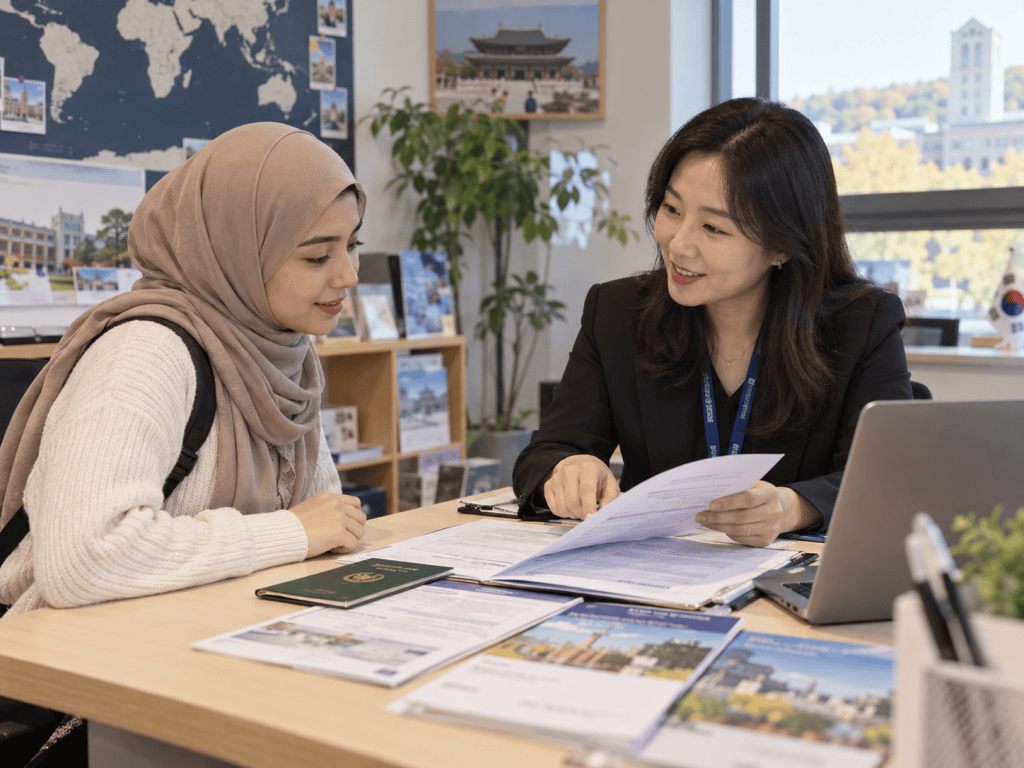 A consultant discusses study options with a student in an office setting, surrounded by promotional materials and a world map.