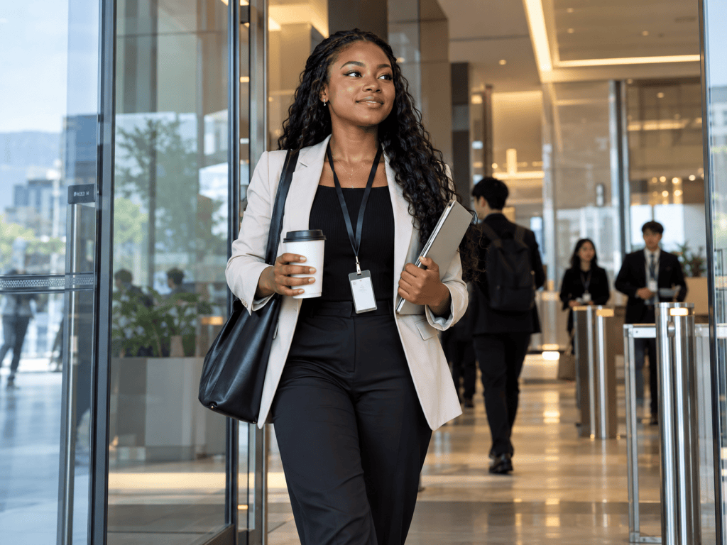 A professional woman in a beige blazer, holding a coffee cup and a tablet, walking through a modern office entrance.