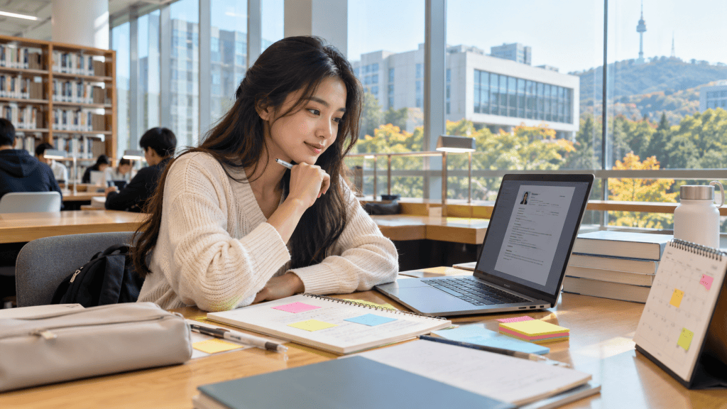 A student studying in a library, sitting at a wooden table with a laptop, notebooks, and stationery. She has long hair, wears a cozy sweater, and appears focused on her work. The library has large windows showing a view of trees and buildings in the background.